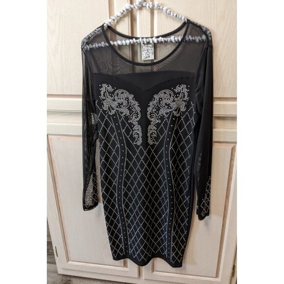 Vocal Black Sheer Rhinestone Embellished Dress Long Sleeve Glam Rock Style Mediu - Picture 2 of 3